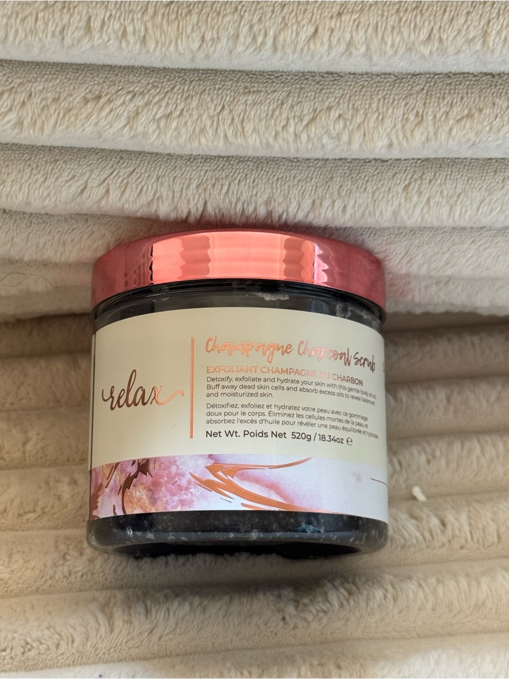 Manna Kadar Relax - Champagne Charcoal Sugar Scrub - Rose Gold Lid NWT